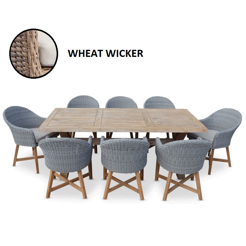Tahitian Outdoor Dining Set w 8 Wheat Wicker Chairs