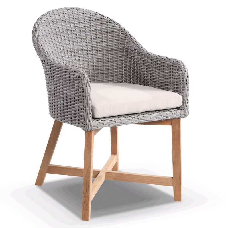 Coastal Outdoor Wicker & Teak Dining Chair in Grey