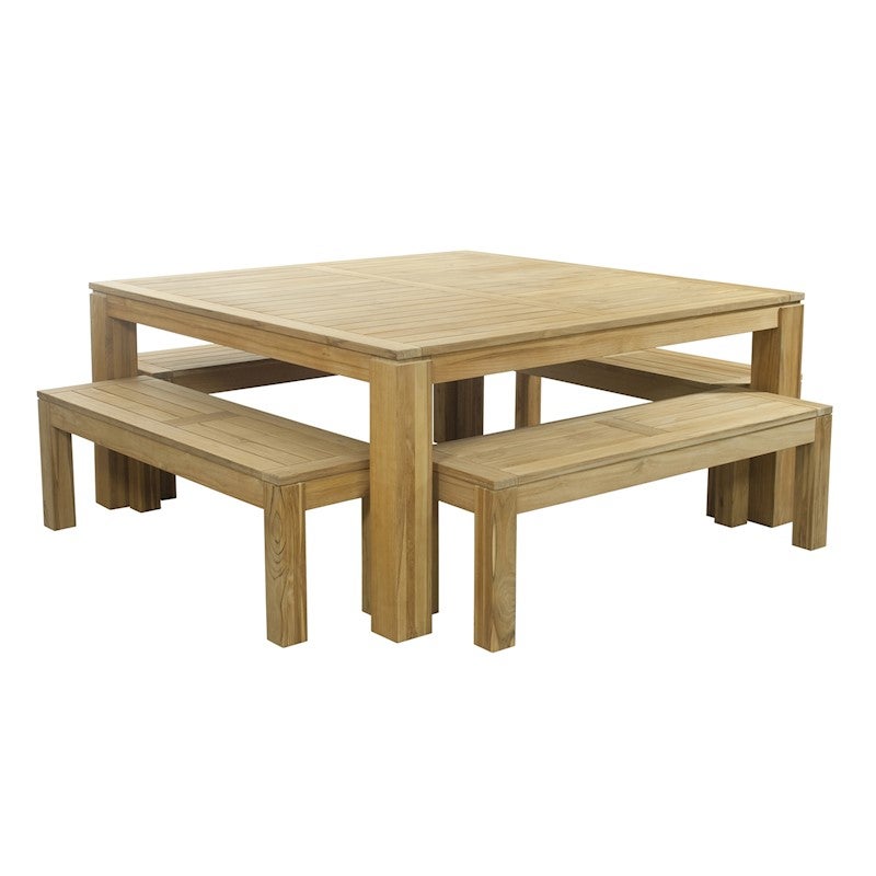 Outdoor Alfresco Teak Dining Table, Square Table With Leaf And Bench