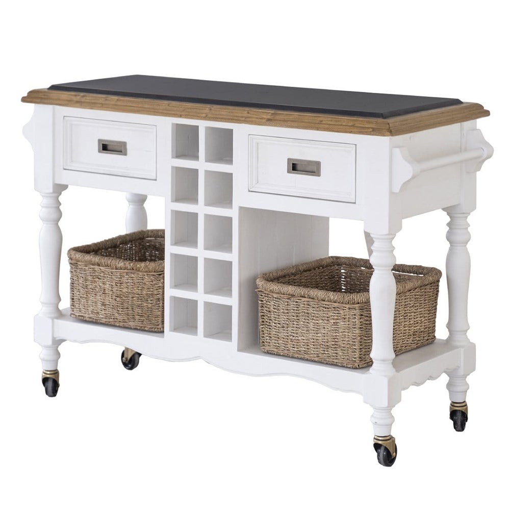Leura Belle Kitchen Island Bench In Brushed White With Natural Timber Top - Distressed White Honey Top
