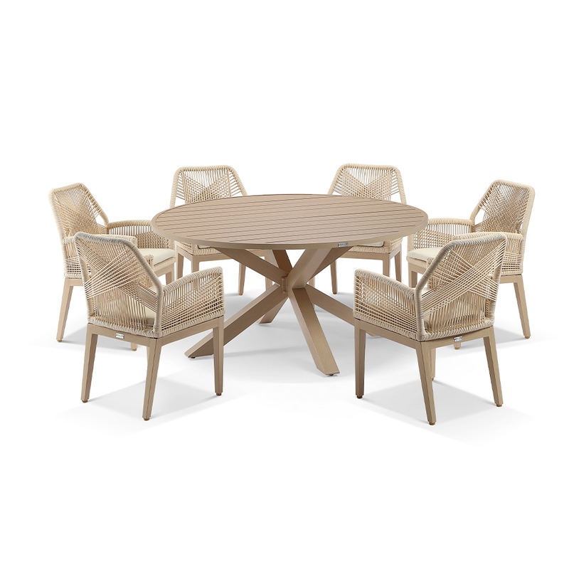 Buy Houston Outdoor 1.5M Round Dining Table With 6 Hugo Chairs In Light ...