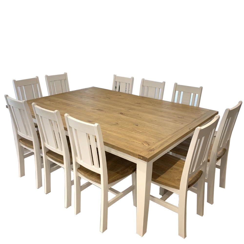 Leura Belle Large Rustic 10 Seater Dining Table And Chairs Setting - Distressed White Honey top