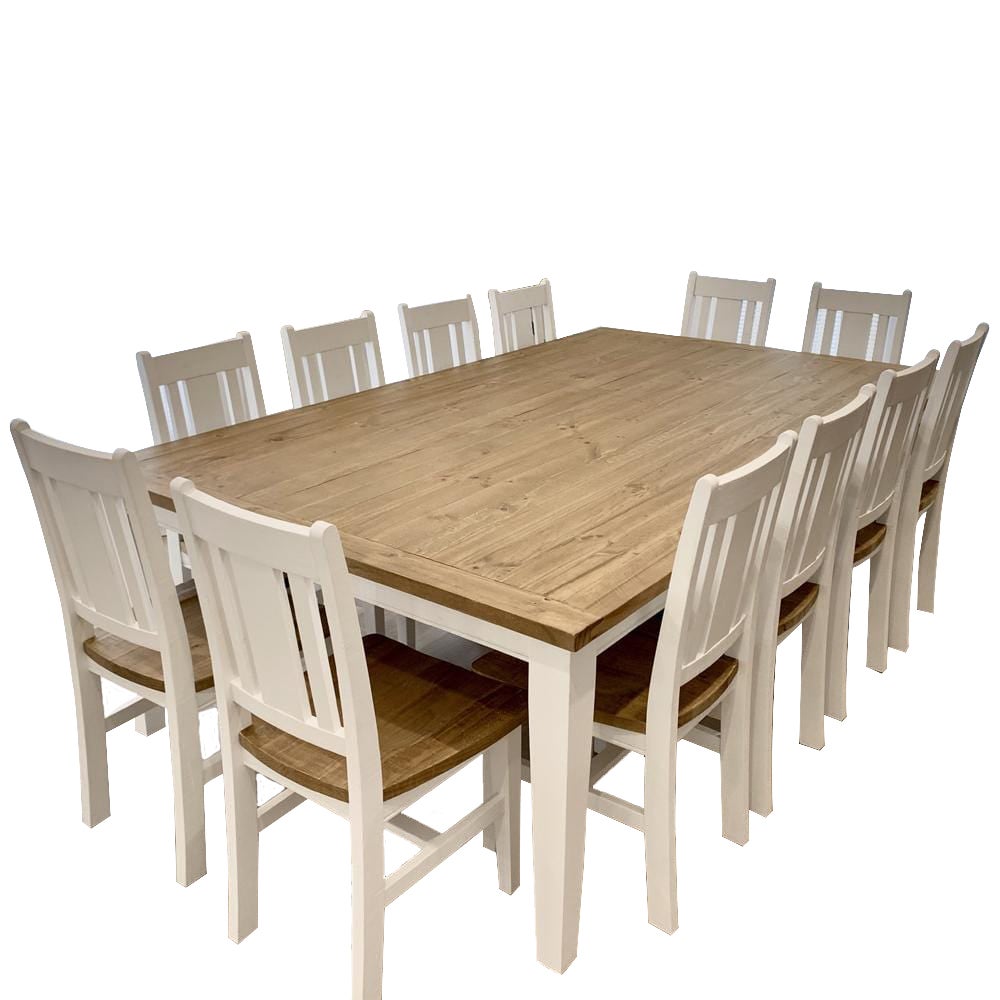 Leura Belle Large Rustic 12 Seater Dining Table And Chairs Setting - Distressed White Honey top