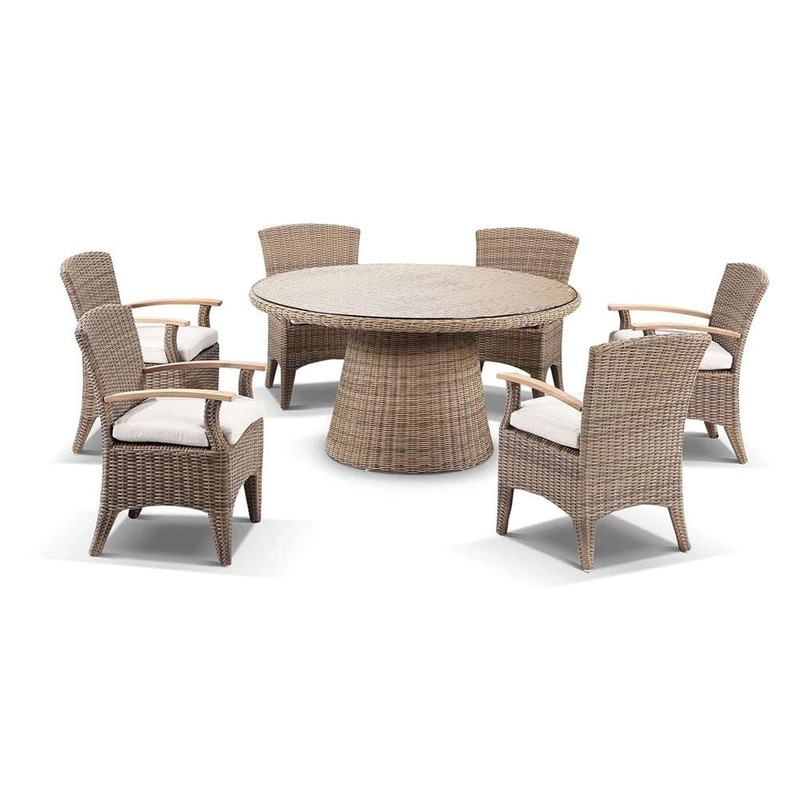 Plantation 1.5M Round Outdoor Wicker Dining Table With 6 Kai Chairs