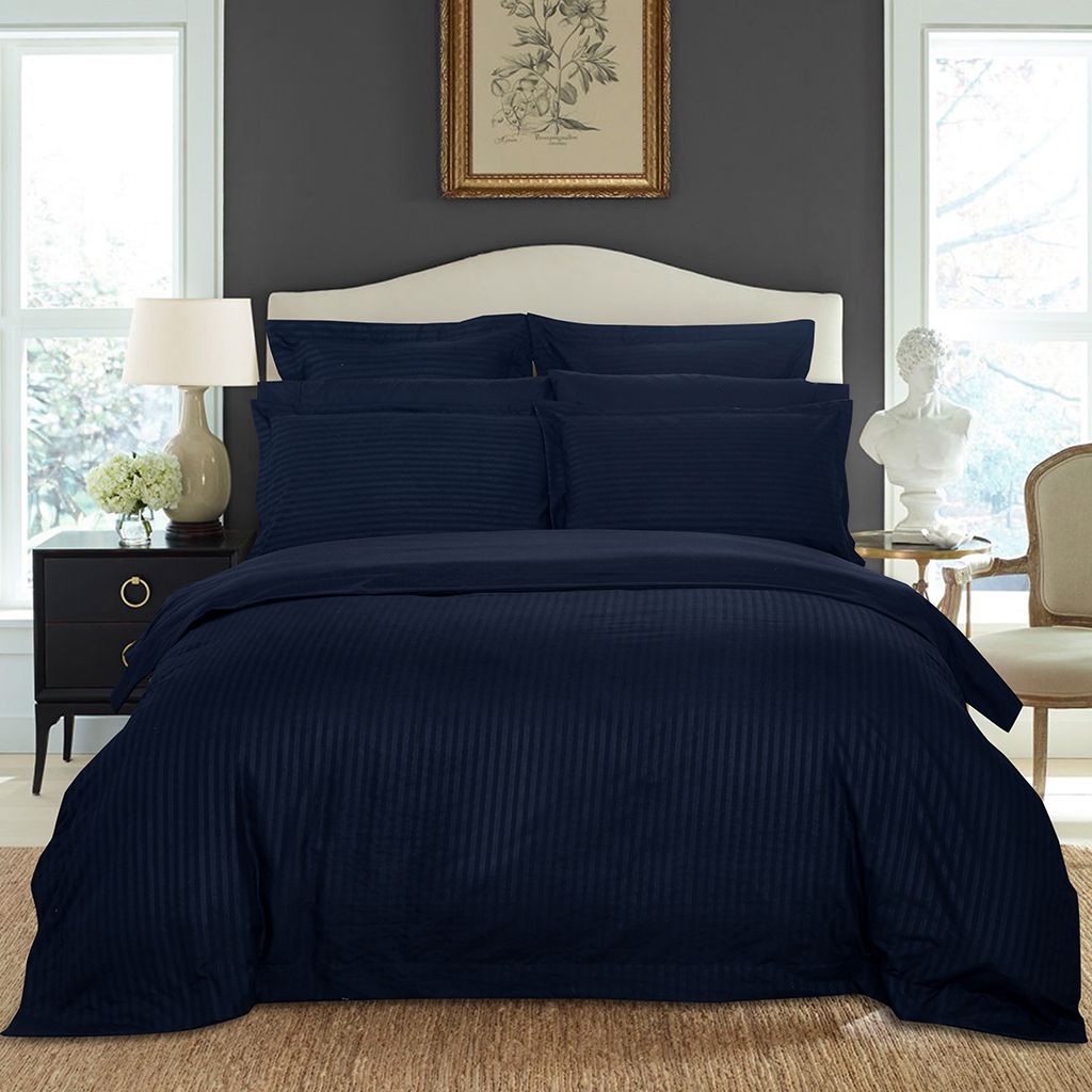 Super Soft Queen Size Bed Striped Quilt/Doona/Duvet Cover Set - Midnight Blue