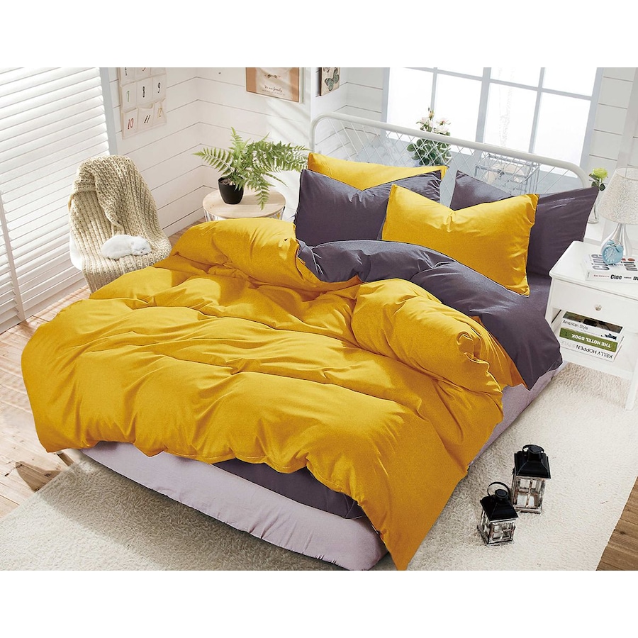 Reversible Super Soft King Size Quilt/Duvet Cover & 2 Pillowcases Set - Yellow and Grey