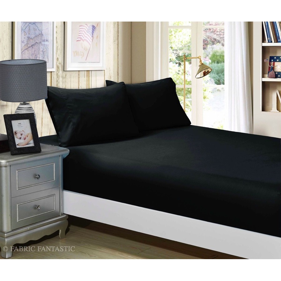 Super Soft 3-Piece Queen Size Bed Fitted Sheet & 2 Pillowcases Set - Black