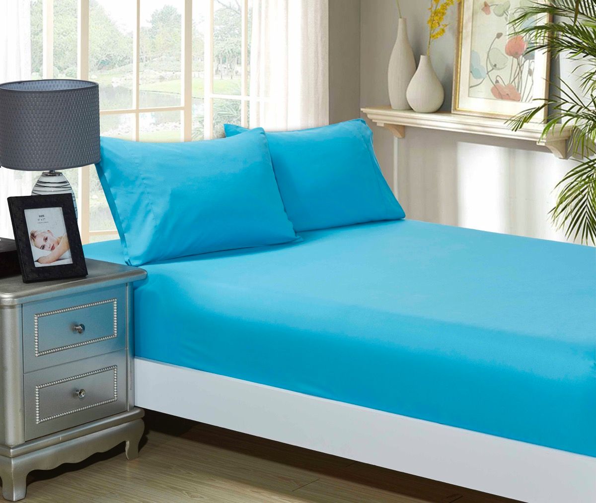 Super Soft 3-Piece Queen Size Bed Fitted Sheet & 2 Pillowcases Set - Light Blue
