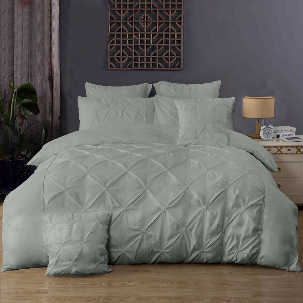 Diamond Pintuck King Size Bed Quilt Doona Duvet Cover & Pillow Cases Set - Grey