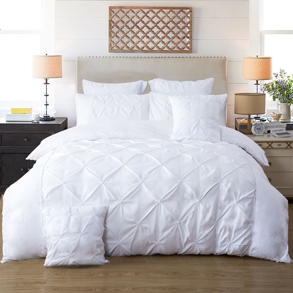 Diamond Pintuck King Size Bed Quilt Doona Duvet Cover & Pillow Cases Set - White