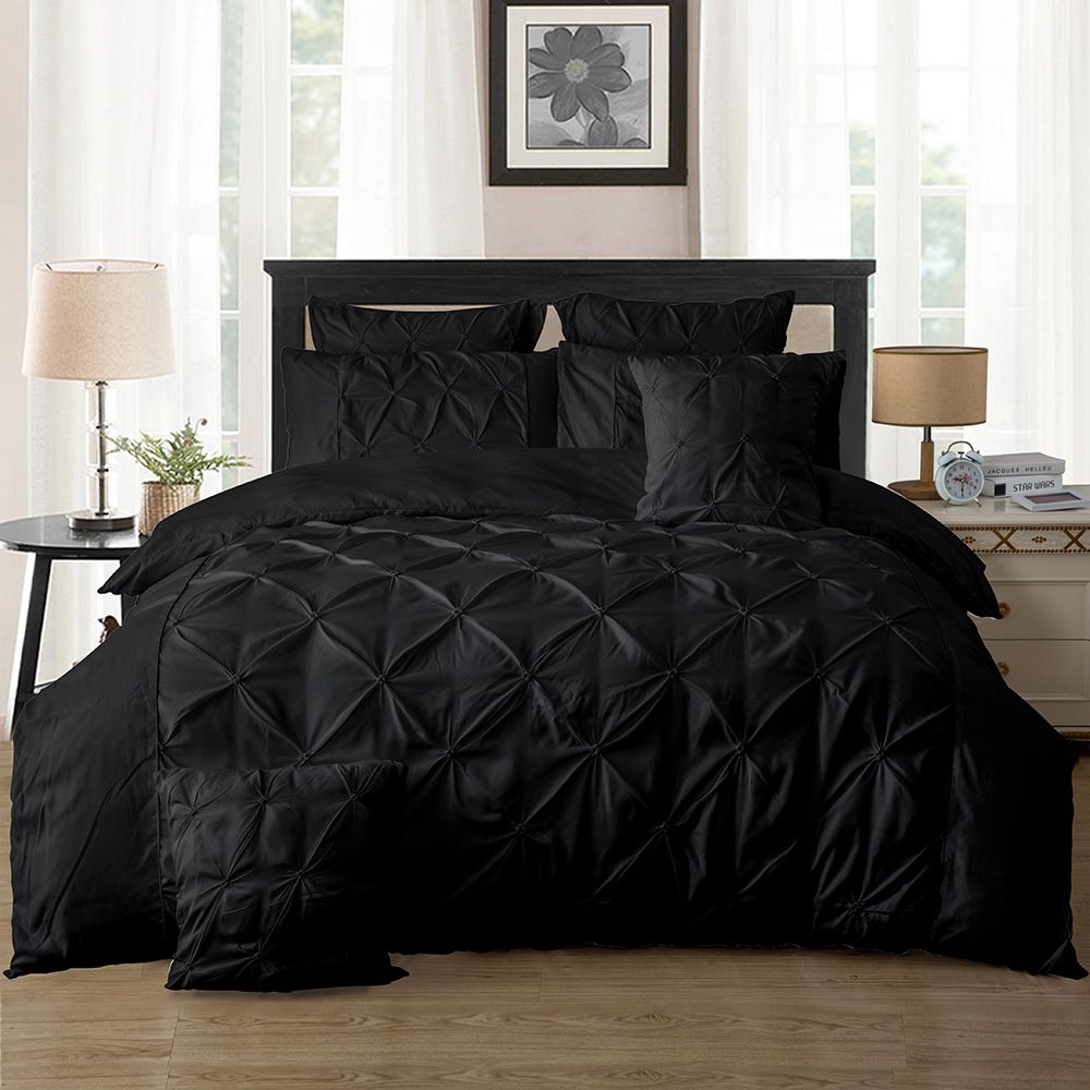 Diamond Pintuck Queen Size Bed Quilt Doona Duvet Cover & Pillow Cases Set - Black
