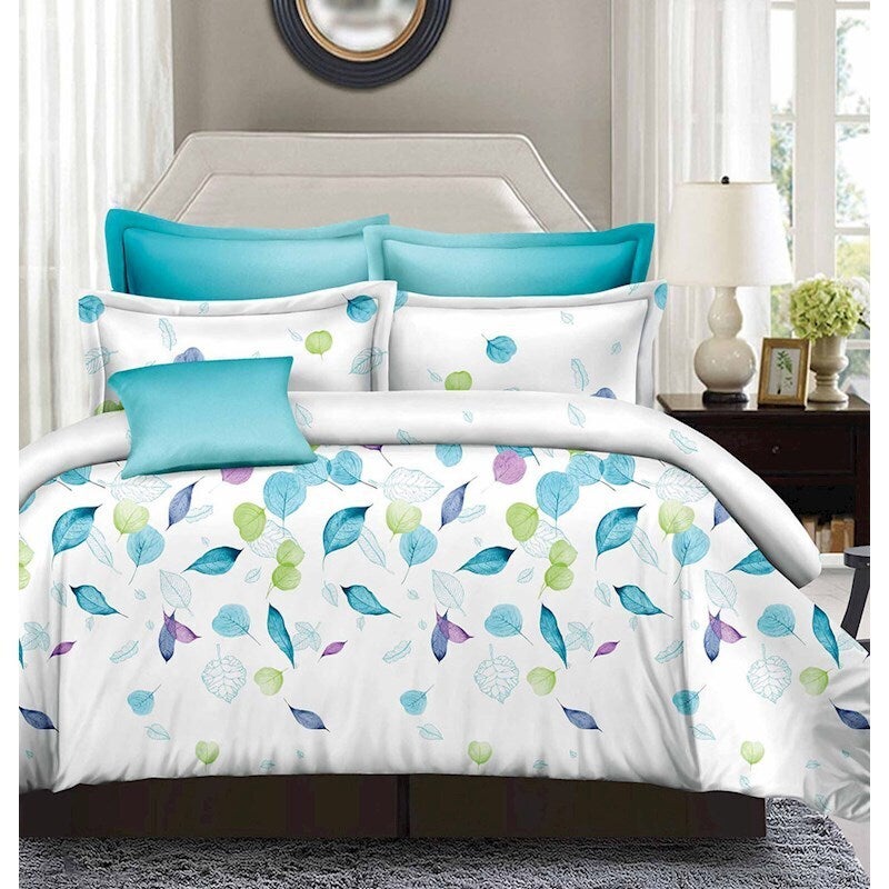 Leaves Super King Size Bed Quilt Doona Duvet Cover & Pillow Cases Set White