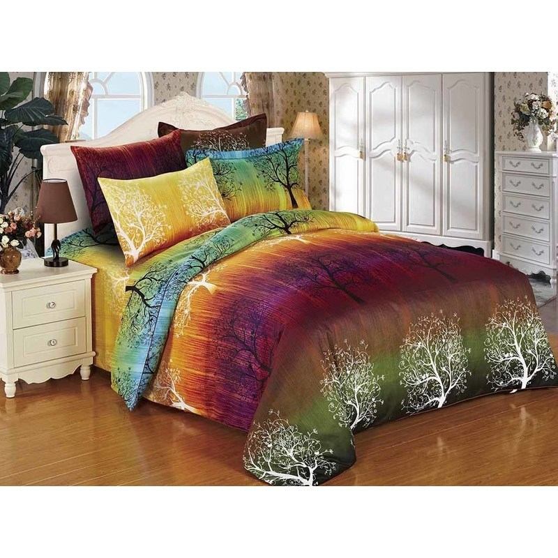 Rainbow Tree Super King Size Bed Quilt Doona Duvet Cover & Pillow Cases Set Green Purple Yellow