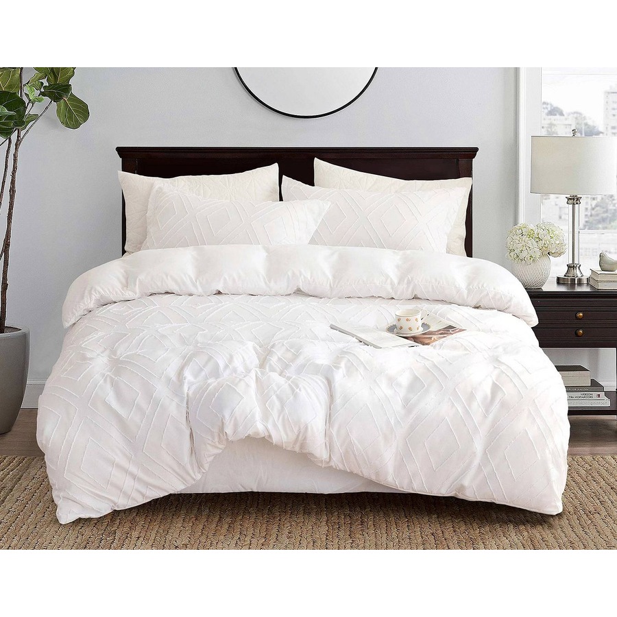 Tufted Diamond Jacquard Queen Size Bed Quilt/Doona/Duvet Cover Set - White