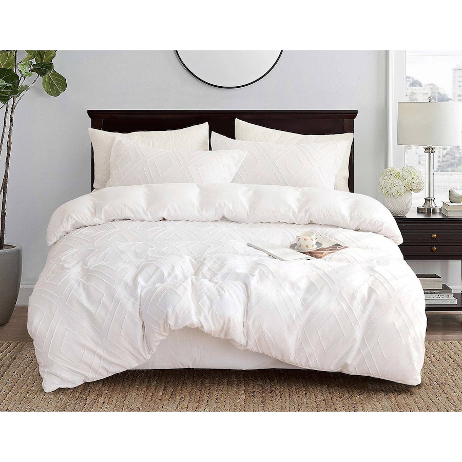 Tufted Diamond Jacquard Queen Size Bed Quilt/Doona/Duvet Cover Set - White