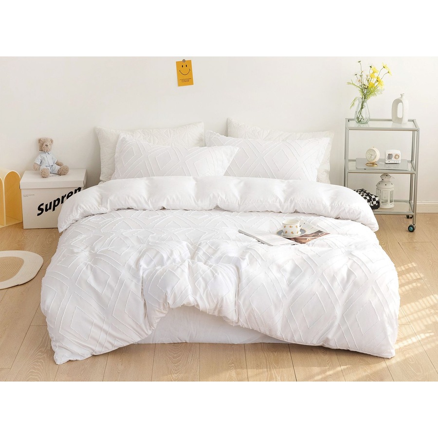 Tufted Diamond Jacquard Queen Size Bed Quilt/Doona/Duvet Cover Set - White