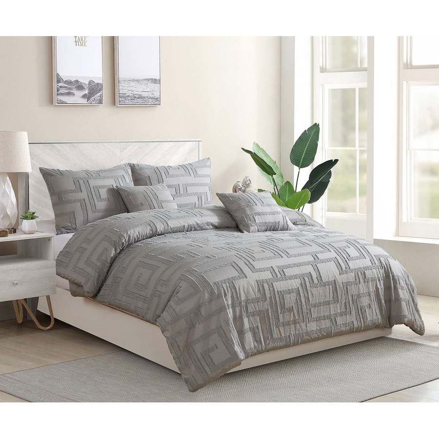 Tufted Jacquard Quilt/Doona/Duvet Cover Set - Grey - Super King Size