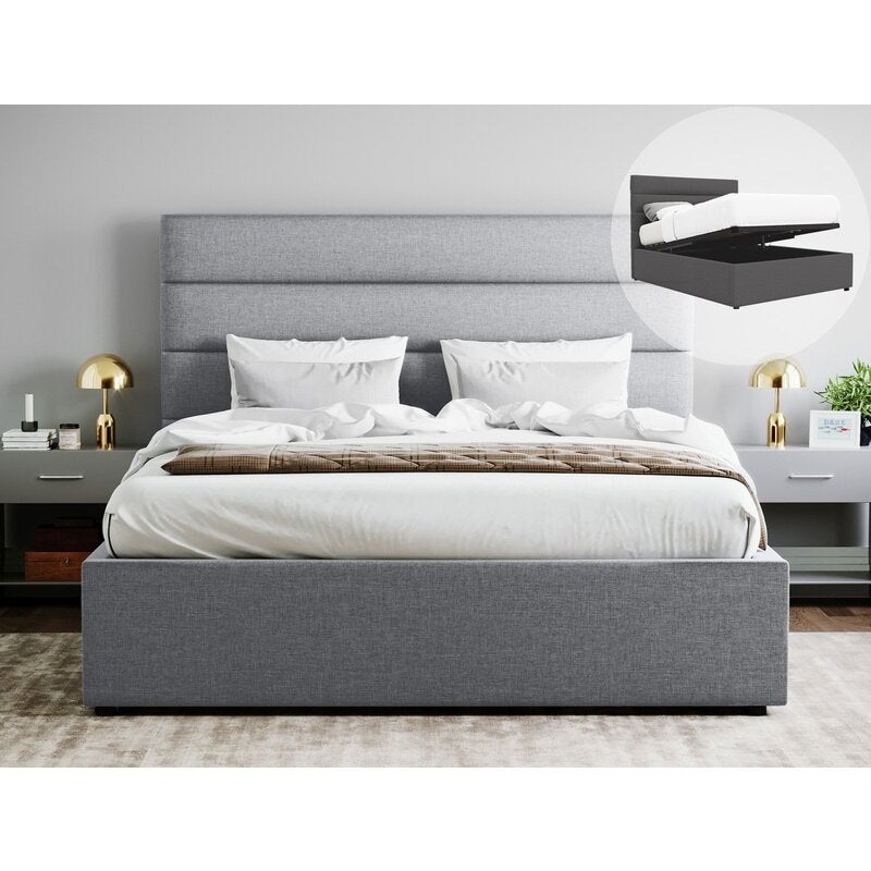 Benny Fabric Gas Lift Storage Bed Frame, Horizontal Queen Bed Frame