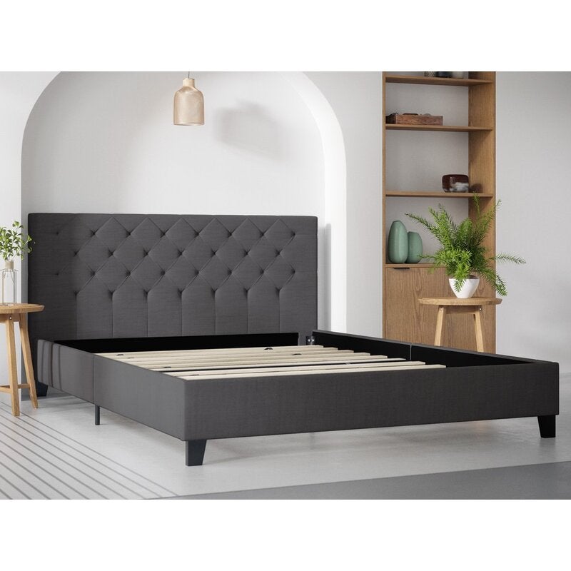 Charcoal Black Fabric Diamond Bed Frame, Black Fabric Bed Frame Queen