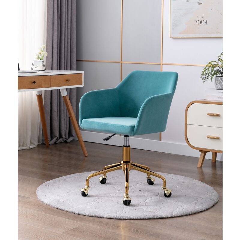 Aqua Blue Velvet Fabric Upholstered Office Chair Home Office Chair Gold Base