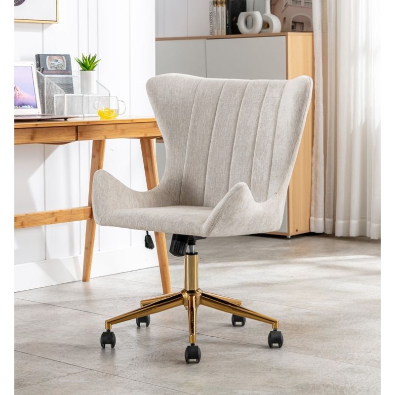 Buy Beige Linen Fabric Upholstered Office Chair Home Office Chair Gold