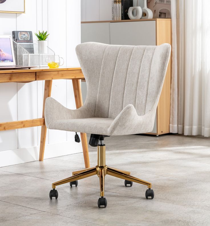 Beige Linen Fabric Upholstered Office Chair Home Office Chair Gold Base