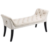 Beige Ottoman Linen Tufted Fabric Foot Stool Bench Seat with Studs and Rings