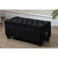 Black Fabric Storage Ottoman Tufted Blanket Box Chest Foot Stool Studs and Rings