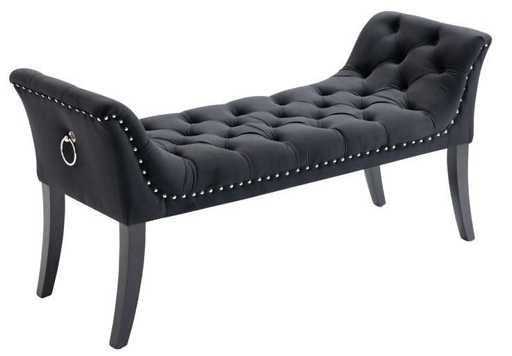 Black Ottoman Linen Tufted Fabric Foot Stool Bench Seat with Studs and Rings