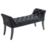 Black Ottoman Linen Tufted Fabric Foot Stool Bench Seat with Studs and Rings