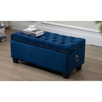 Blue Fabric Storage Ottoman Tufted Blanket Box Chest Foot Stool Studs and Rings