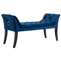 Blue Ottoman Linen Tufted Fabric Foot Stool Bench Seat with Studs and Rings