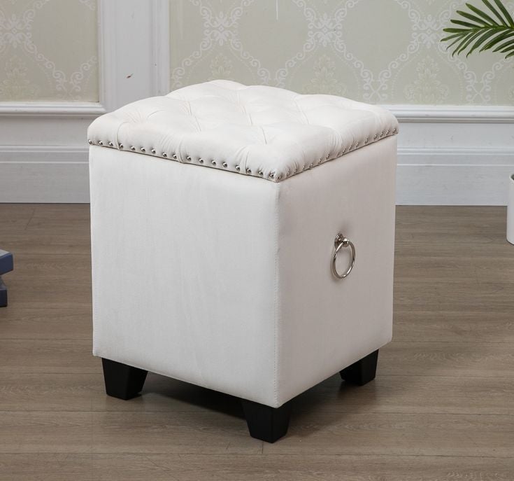 Cubix Beige Fabric Storage Ottoman Tufted Blanket Box Foot Stool Studs and Rings