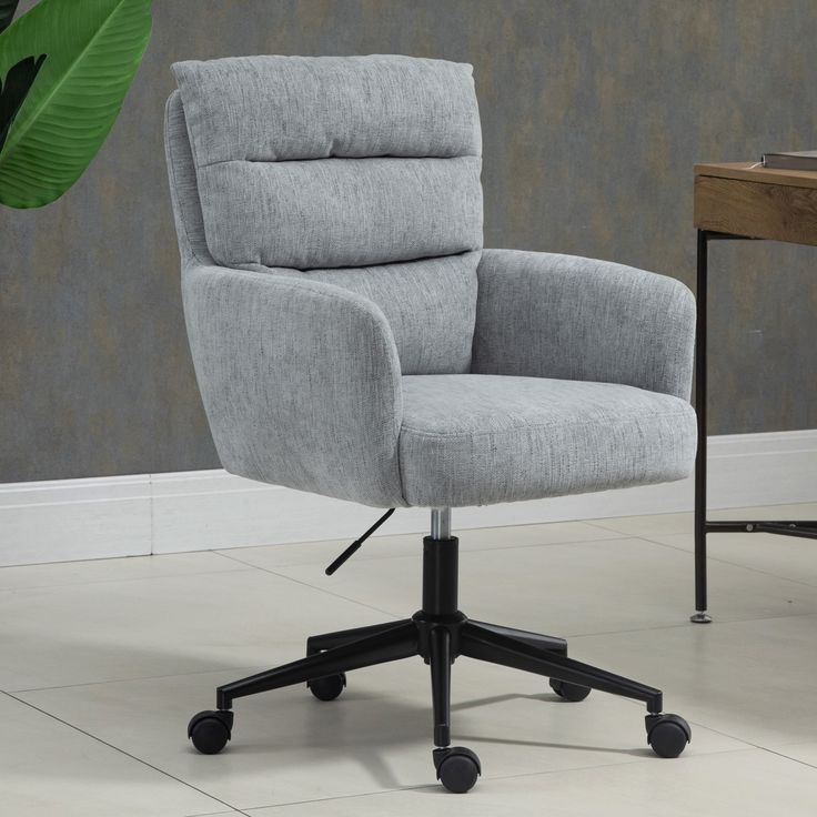 Light Grey Linen Fabric Upholstered Padded Office Chair Home Office Chair