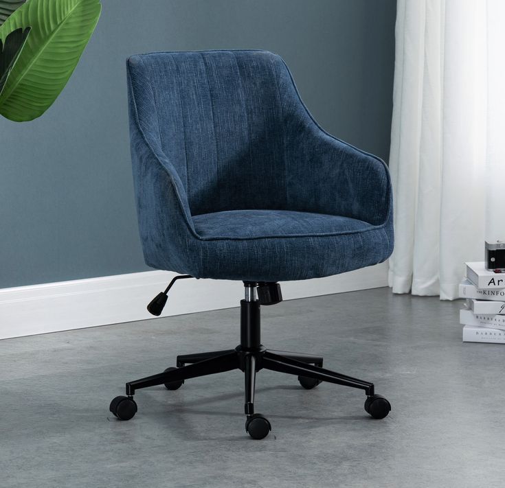 Navy Blue Lined Linen Fabric Upholstered Office Chair Home Office Chair