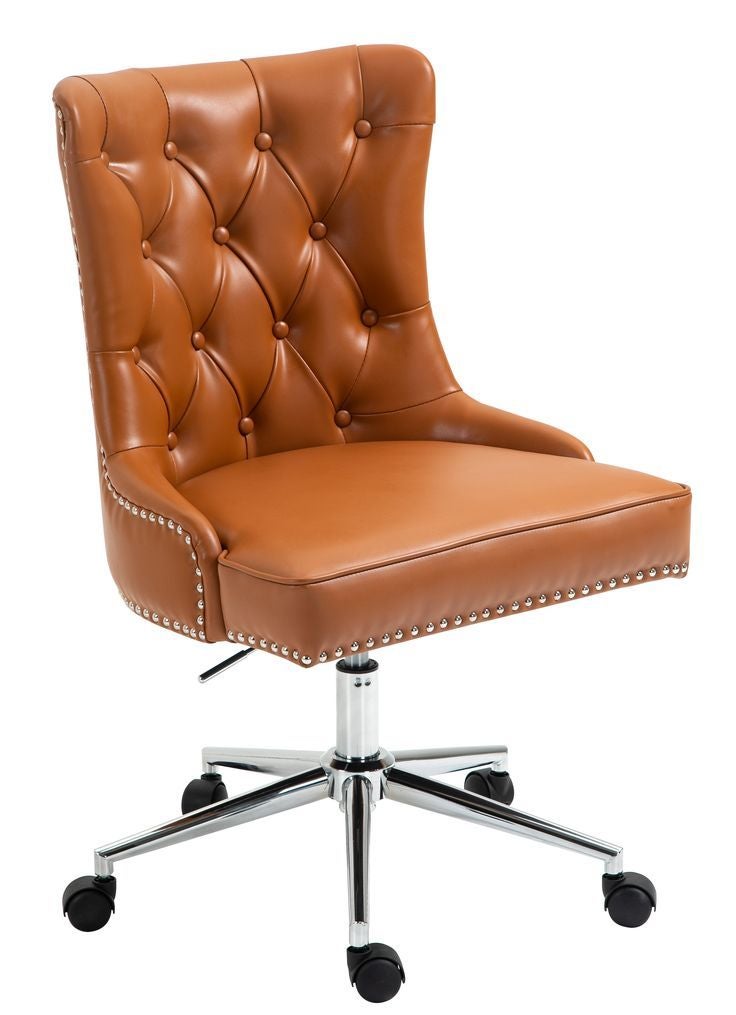 PU Leather Upholstered Tufted Home Office Chair with Studs-Light Brown