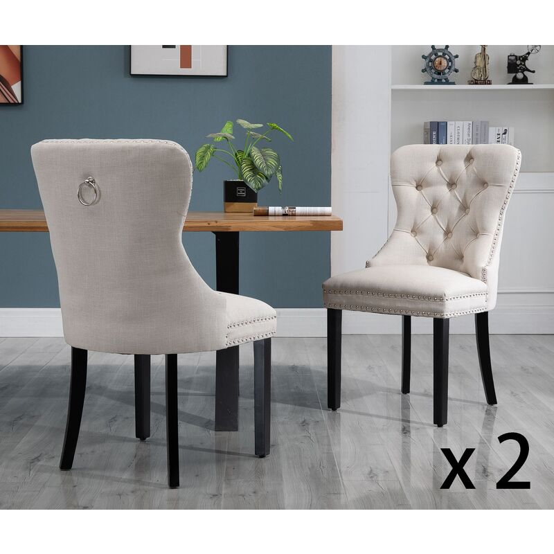 Set of 2 Fabric Dining Chairs Upholstered Tufted Back Studs Beige