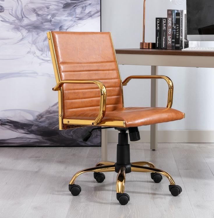 Tan PU Leather Upholstered Office Chair Home Office Chair Gold Base