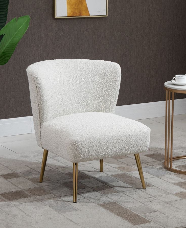 White Boucle Accent Chair Slipper Fabric Chair Lounge Chair Golden Legs