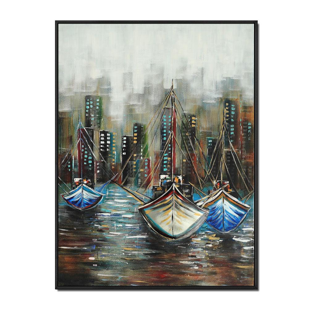 Framed Oil Painting Hand Painted Landscape Modern Canvas - Sailboat (122cm x 91cm)