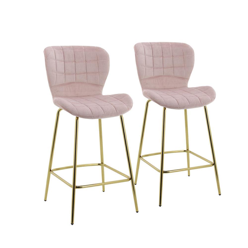Capella Bar Stool (Set of 2) - Pink Velvet Fabric Golden Legs