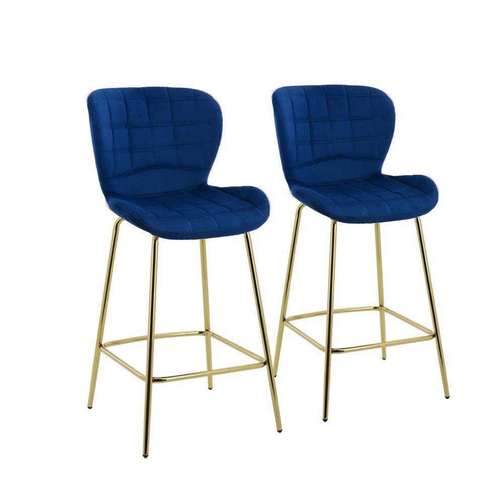 Capella Bar Stool (Set of 2) - Royal Blue Velvet Fabric Golden Legs