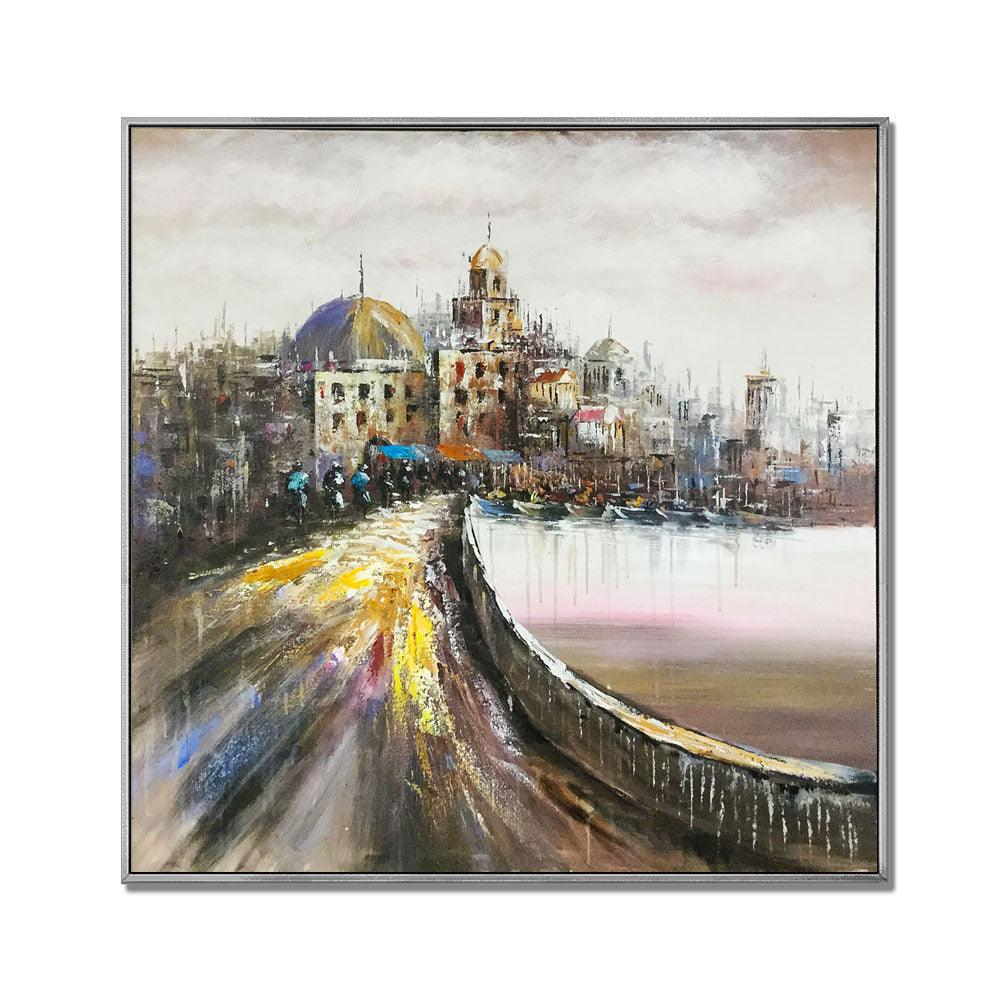 Framed Oil Painting Hand Painted Abstract Landscape Canvas - Port View (101cm x 101cm)