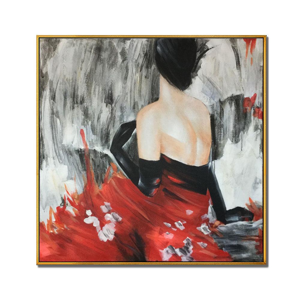 Framed Oil Painting Hand Painted Abstract People Modern Canvas - Lady in Red (101cm x 101cm)
