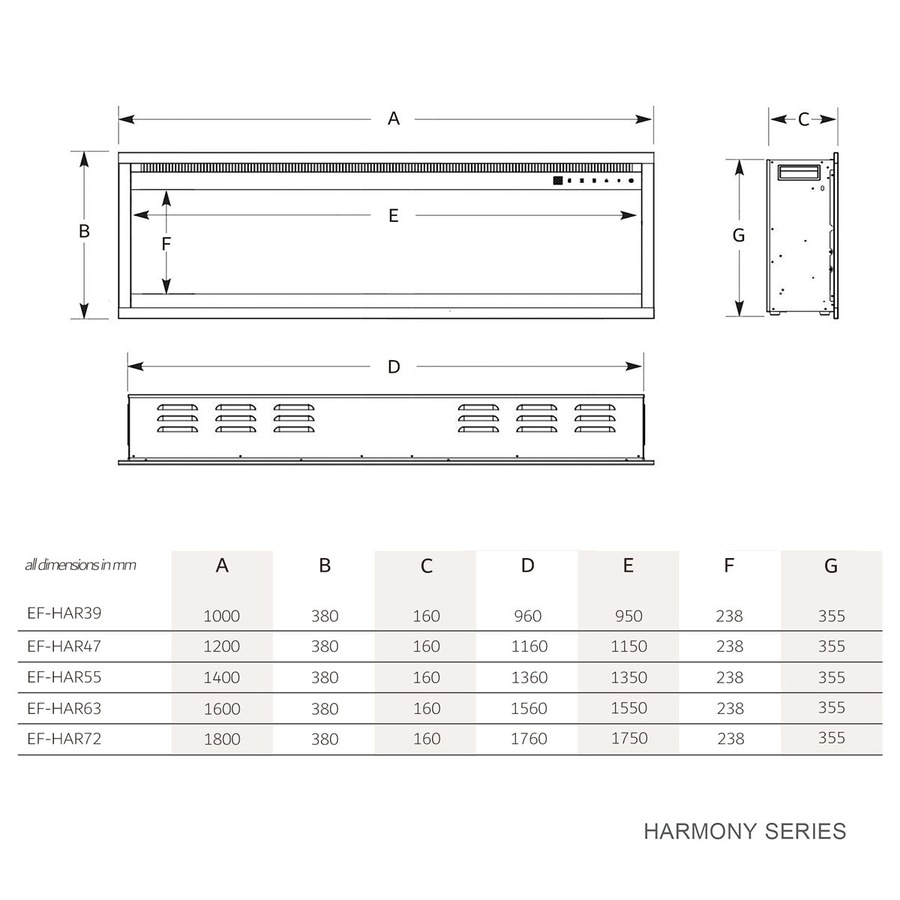 Harmony 1500W 39 inch Recessed / Wall Mounted Electric Fireplace
