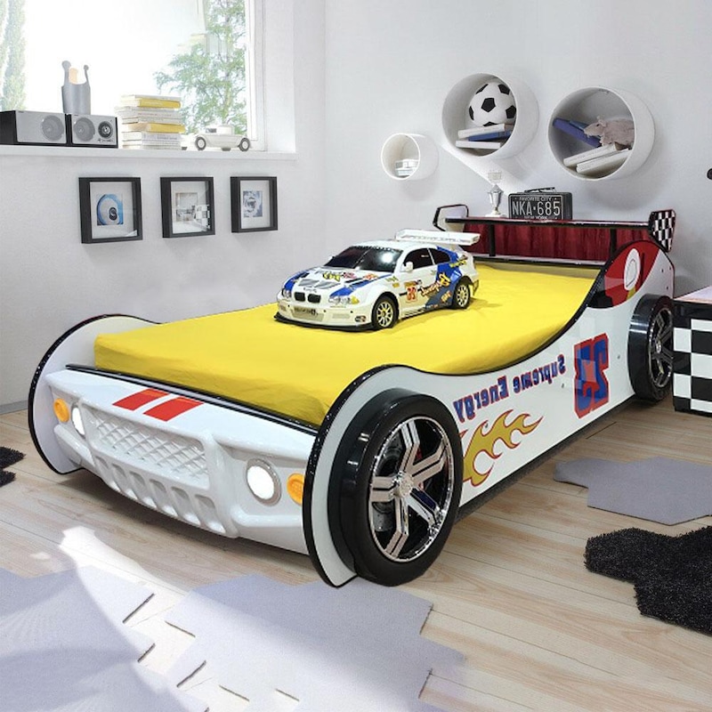 Buy Kids GTR Racing Car Bed with Head Lights 3D Wheels - White - MyDeal