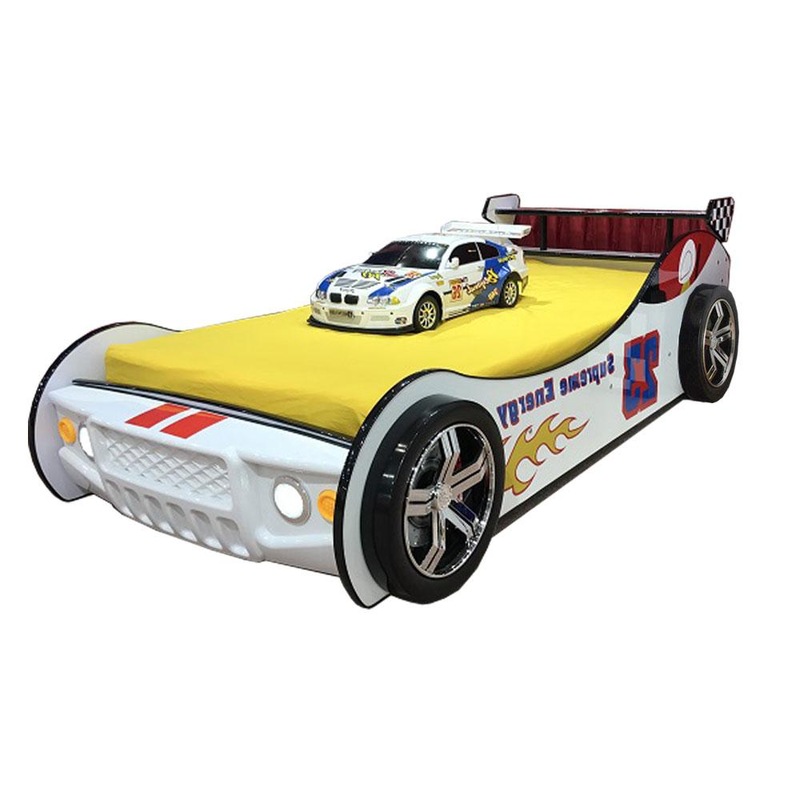 Kids GTR Racing Car Bed with Head Lights 3D Wheels - White - MyDeal