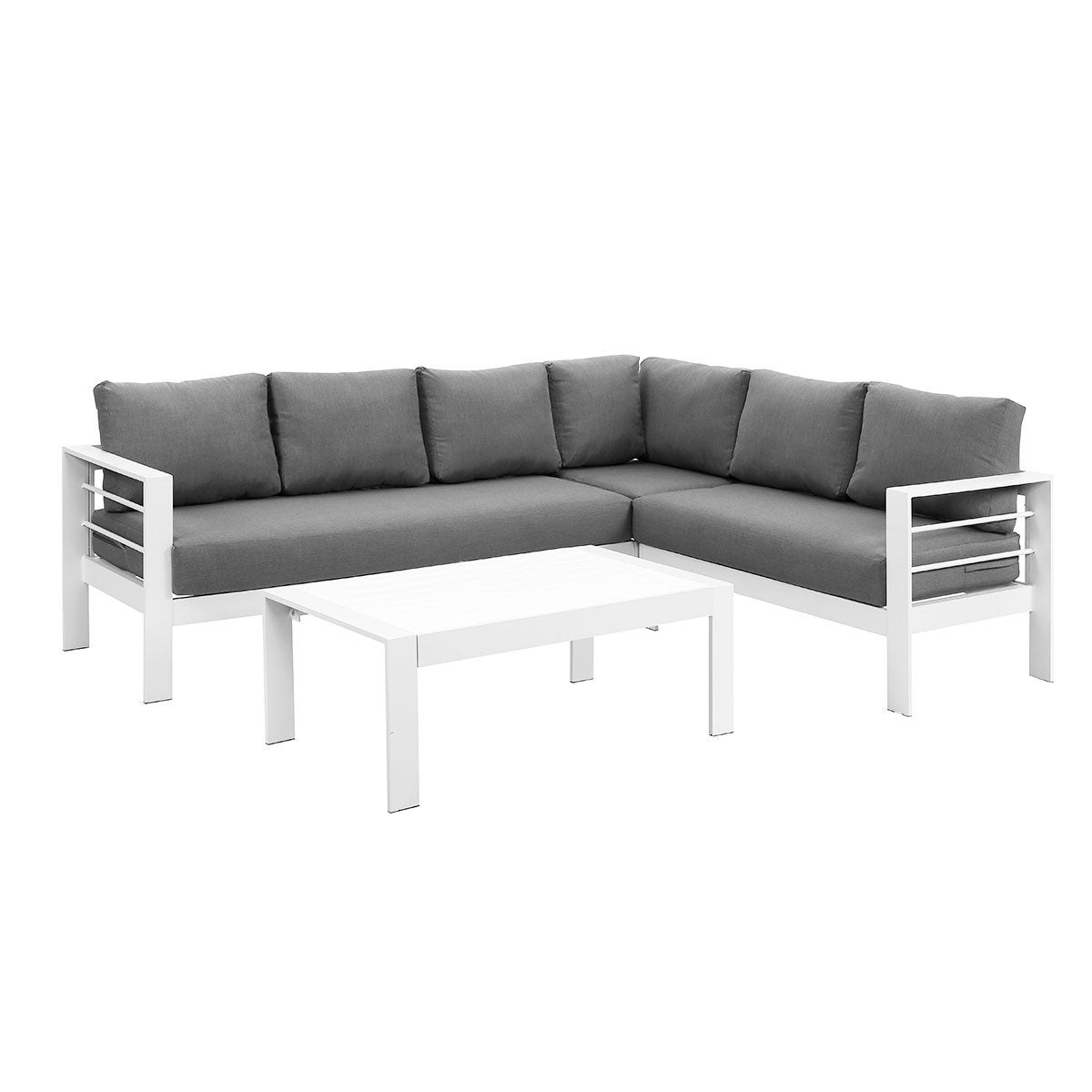 Paris 6 Seater White Aluminium L-Shaped Sofa Lounge Set - Grey Cushion