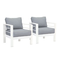 Paris Single Seater White Aluminium Outdoor Sofa Lounge with Arms - Grey Cushion (Set of 2)