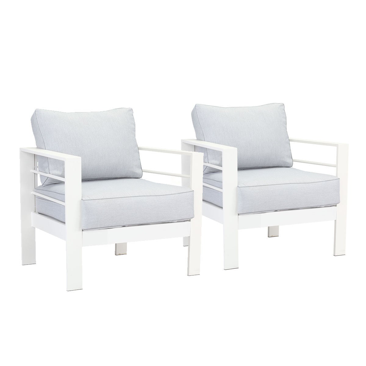 Paris Single Seater White Aluminium Outdoor Sofa Lounge with Arms - Light Grey Cushion (Set of 2)